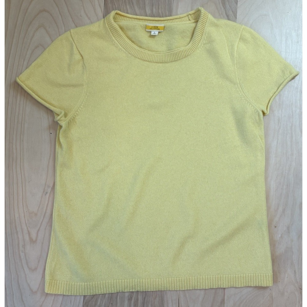 J.Crew Women's 100% Cashmere Short Sleeve Knit Sweater Top Pastel Yellow Luxe L